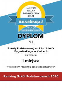 Dyplom za zajęcie I miejsca w kieleckim rankingu szkół podstawowych 2020